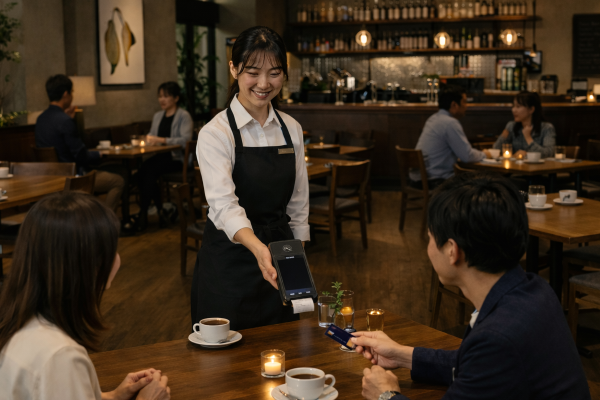テーブル席でPAYGATEで会計する風景